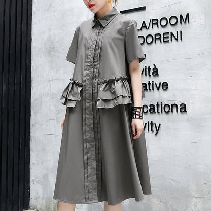 Elegant gray green cotton knee dress oversize traveling clothing 2018 lapel collar ruffles cotton clothing dresses