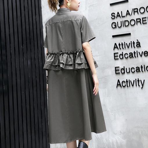 Elegant gray green cotton knee dress oversize traveling clothing 2018 lapel collar ruffles cotton clothing dresses