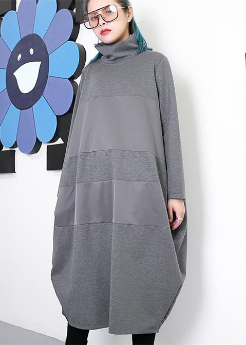 Elegant gray shift dress trendy plus size long sleeve New Turtleneck patchwork cotton blended clothing dress