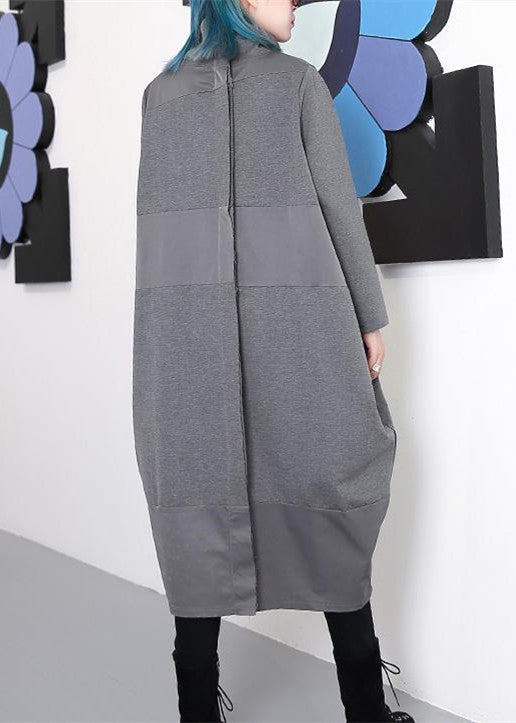 Elegant gray shift dress trendy plus size long sleeve New Turtleneck patchwork cotton blended clothing dress
