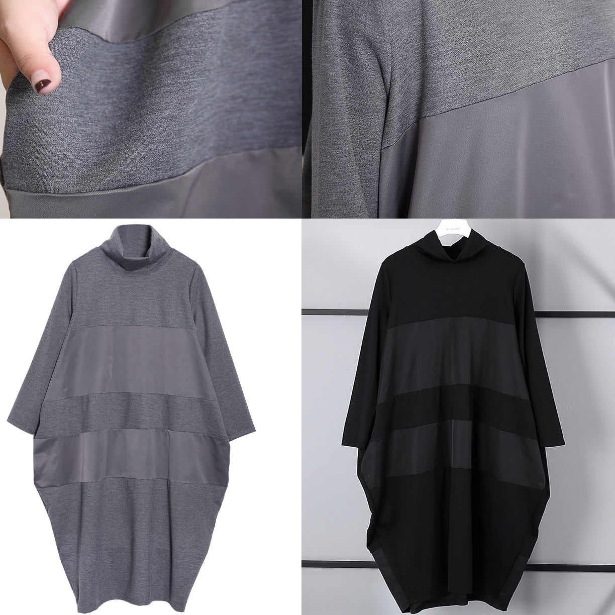 Elegant gray shift dress trendy plus size long sleeve New Turtleneck patchwork cotton blended clothing dress