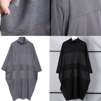 Elegant gray shift dress trendy plus size long sleeve New Turtleneck patchwork cotton blended clothing dress