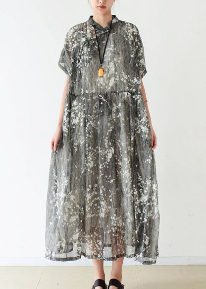 Elegant gray silk Long Shirts fine Cotton Chinese Button Traveling summer Dress