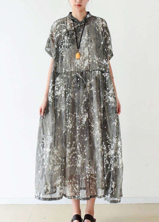 Elegant gray silk Long Shirts fine Cotton Chinese Button Traveling summer Dress