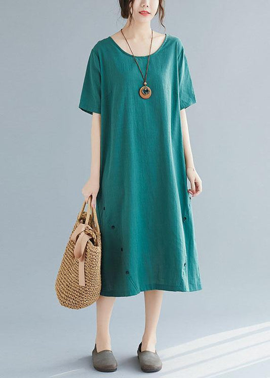 Elegant green Button decorated linen dresses wild summer Dresses - SooLinen