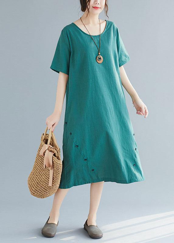 Elegant green Button decorated linen dresses wild summer Dresses - SooLinen