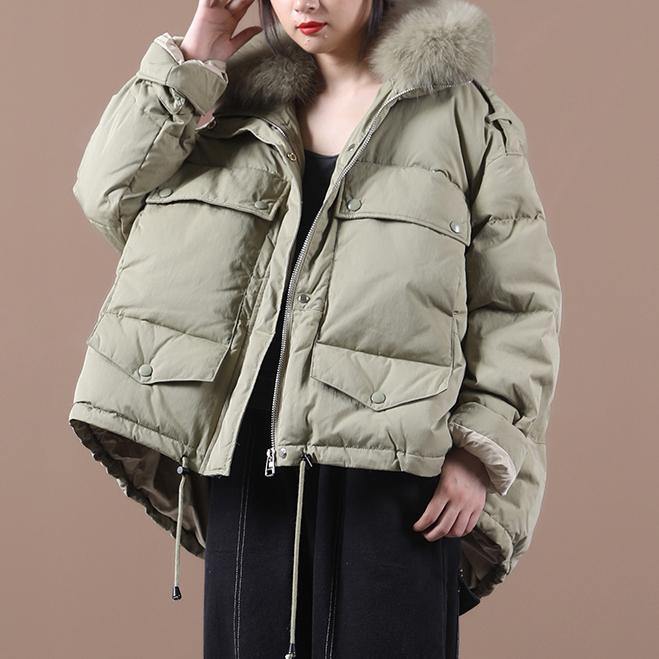 Elegant green duck down coat plus size clothing down jacket faux fur collar drawstring Casual overcoat - SooLinen