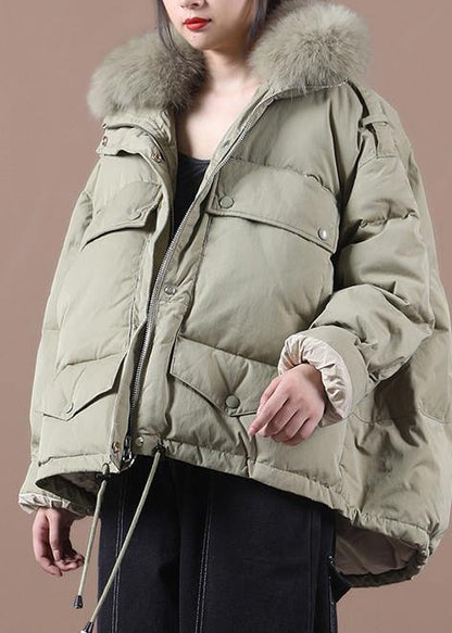 Elegant green duck down coat plus size clothing down jacket faux fur collar drawstring Casual overcoat - SooLinen