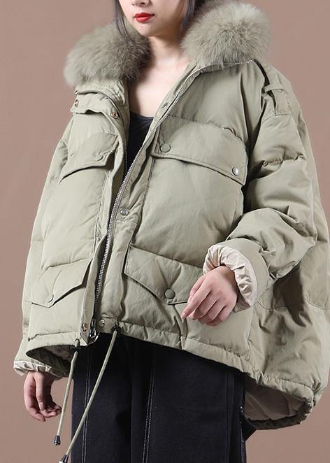 Elegant green duck down coat plus size clothing down jacket faux fur collar drawstring Casual overcoat - SooLinen
