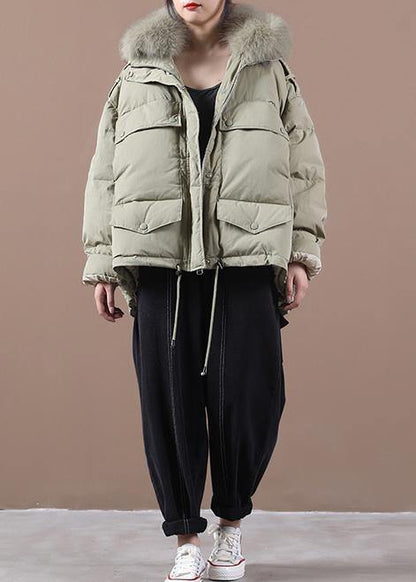 Elegant green duck down coat plus size clothing down jacket faux fur collar drawstring Casual overcoat - SooLinen