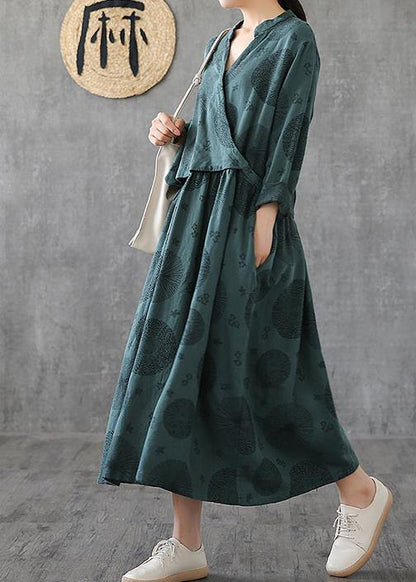 Elegant green embroidery cotton tunics for women o neck patchwork Traveling Dresses - SooLinen