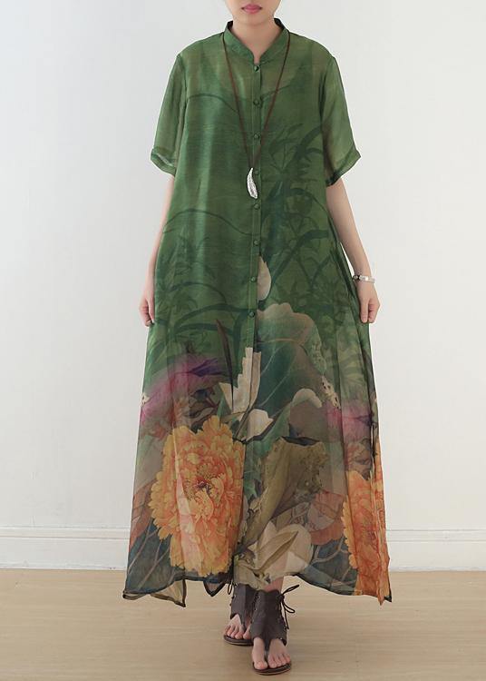 Elegant green print chiffon clothes 18th Century Fabrics stand collar side open Love Dress - SooLinen