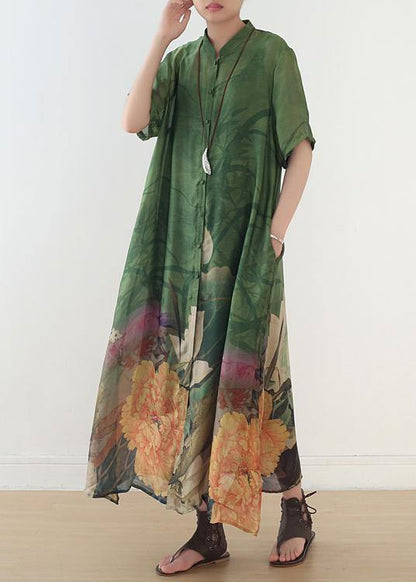 Elegant green print chiffon clothes 18th Century Fabrics stand collar side open Love Dress - SooLinen