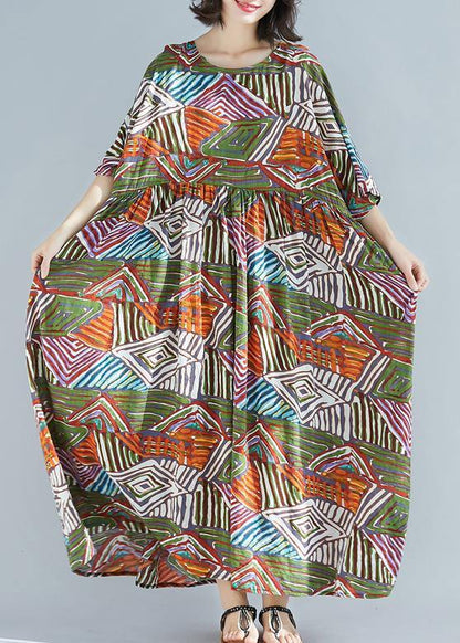 Elegant green print cotton clothes o neck large hem Maxi summer Dress - SooLinen