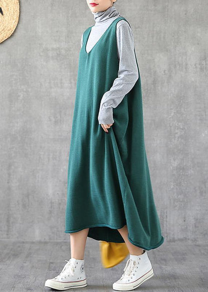 Elegant green quilting dresses v neck sleeveless Dresses spring Dress - SooLinen
