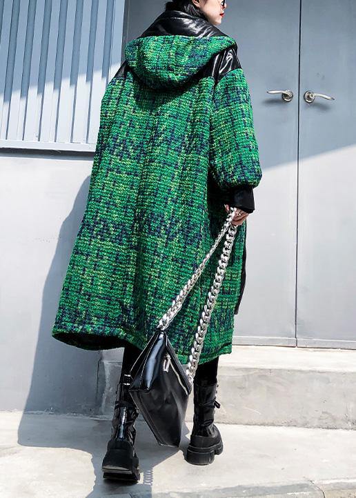 Elegant green woolen coats Loose fitting medium length coat patchwork hooded woolen outwear - SooLinen