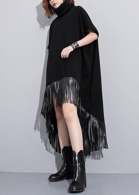 Elegant high neck tassel cotton Tunic Fabrics black Dresses - SooLinen
