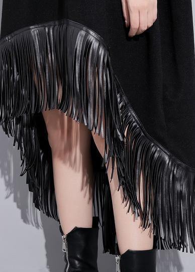 Elegant high neck tassel cotton Tunic Fabrics black Dresses - SooLinen