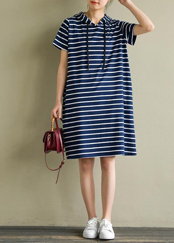 Elegant hooded drawstring Cotton quilting dresses Wardrobes navy striped Dresses summer - SooLinen