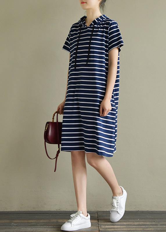 Elegant hooded drawstring Cotton quilting dresses Wardrobes navy striped Dresses summer - SooLinen