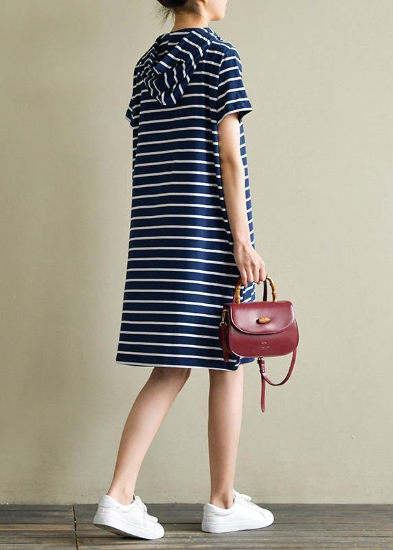Elegant hooded drawstring Cotton quilting dresses Wardrobes navy striped Dresses summer - SooLinen
