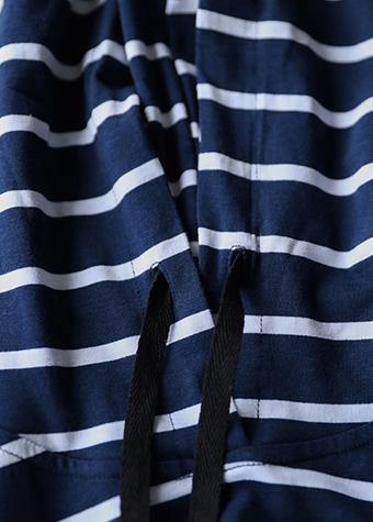 Elegant hooded drawstring Cotton quilting dresses Wardrobes navy striped Dresses summer - SooLinen