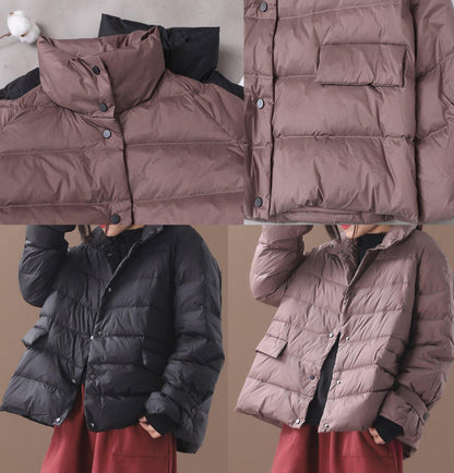 Elegant khaki Parkas for women plus size down jacket winter short coat stand collar - SooLinen