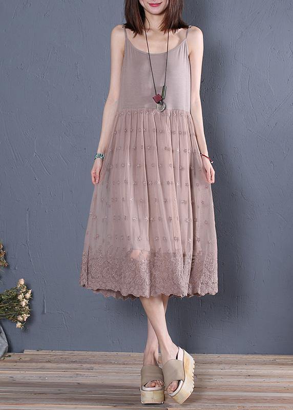 Elegant khaki embroidered cotton ting sewing clothes o patchwork summer dress - SooLinen