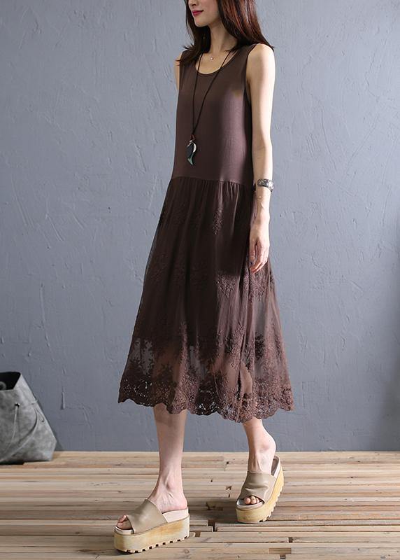 Elegant khaki embroidered cotton ting sewing clothes o patchwork summer dress - SooLinen