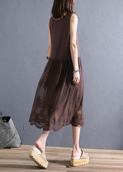 Elegant khaki embroidered cotton ting sewing clothes o patchwork summer dress - SooLinen