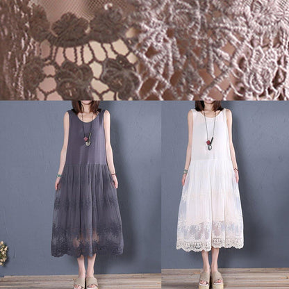 Elegant khaki embroidered cotton ting sewing clothes o patchwork summer dress - SooLinen