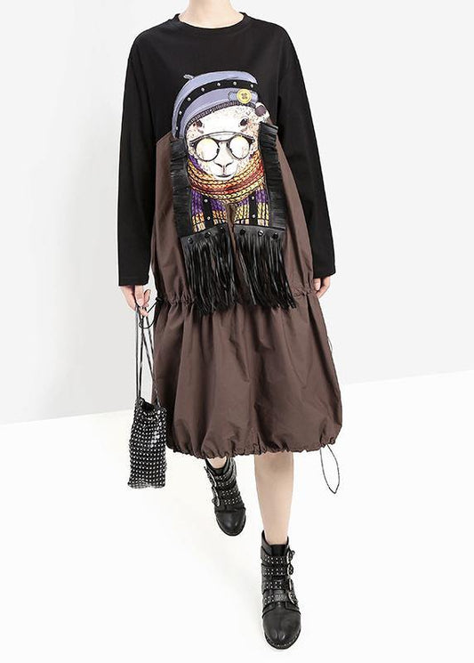 Elegant khaki fall Cartoon girl print cotton dress tassel long patchwork Dresses - SooLinen