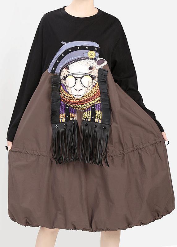 Elegant khaki fall Cartoon girl print cotton dress tassel long patchwork Dresses - SooLinen