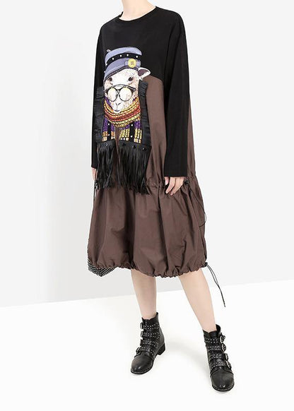Elegant khaki fall Cartoon girl print cotton dress tassel long patchwork Dresses - SooLinen