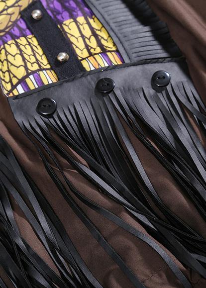 Elegant khaki fall Cartoon girl print cotton dress tassel long patchwork Dresses - SooLinen