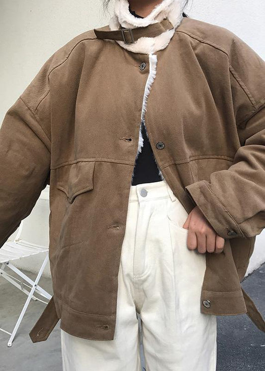 Elegant khaki women parka Loose fitting warm winter coat stand collar outwear thick - SooLinen