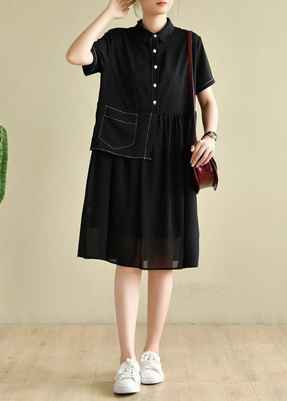 Elegant lapel patchwork tunics for women Wardrobes black Dress - SooLinen