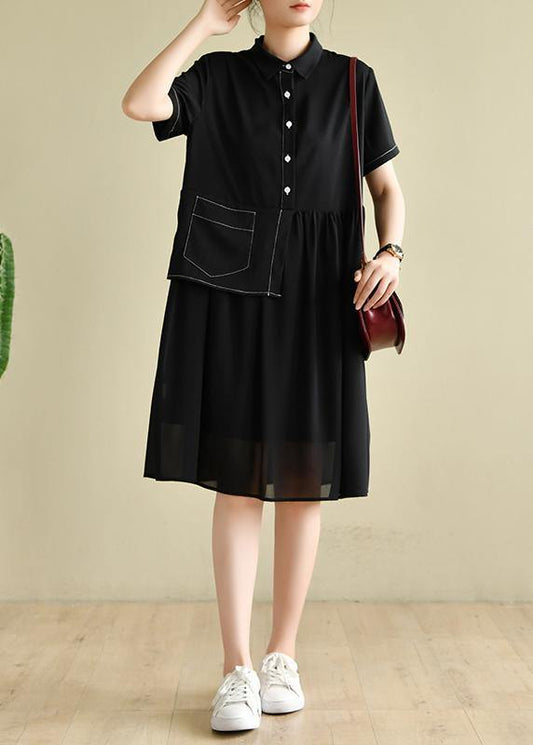 Elegant lapel patchwork tunics for women Wardrobes black Dress - SooLinen