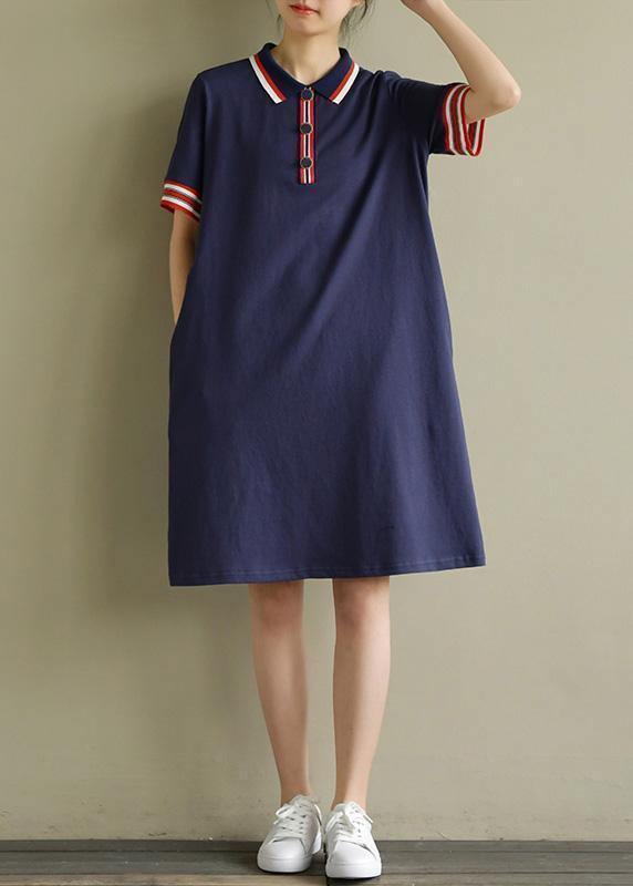 Elegant lapel short sleeve Cotton dresses Sewing navy Dresses summer - SooLinen