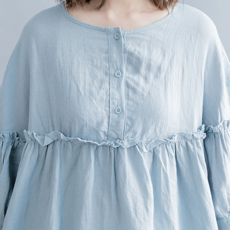 Elegant light blue pure cotton linen dress plus size linen cotton dress fine lantern sleeve Cinched o neck baggy dresses cotton linen dresses