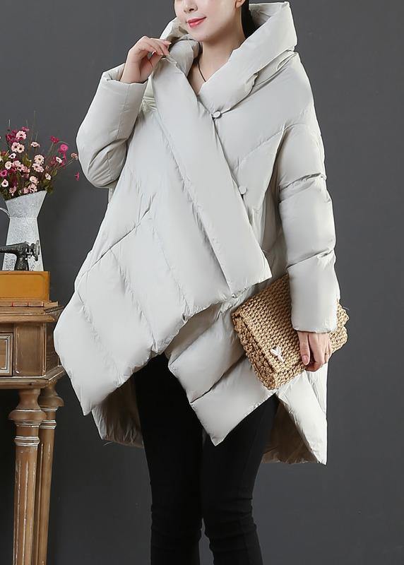 Elegant light gray goose Down coat plus size snow jackets hooded asymmetric Warm coats - SooLinen
