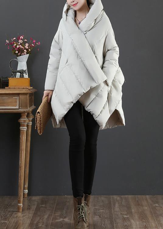 Elegant light gray goose Down coat plus size snow jackets hooded asymmetric Warm coats - SooLinen