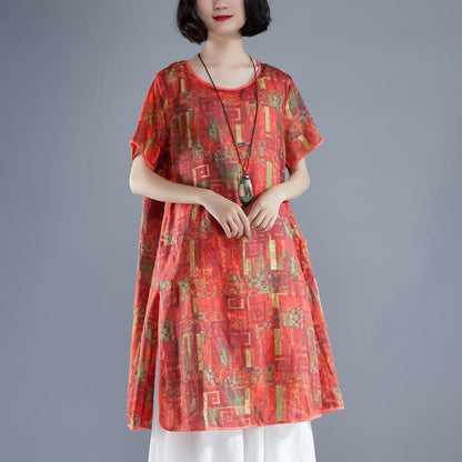 Elegant long linen dress plus size clothing Short Sleeve slit Summer Printed Casual Dress