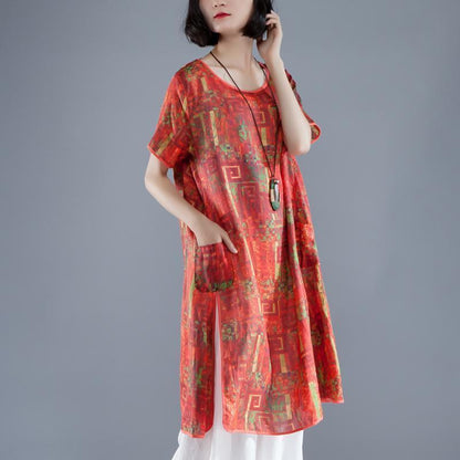 Elegant long linen dress plus size clothing Short Sleeve slit Summer Printed Casual Dress