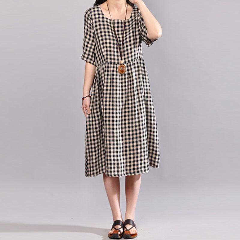 Elegant natural cotton dress oversize Round Neck Plaid Summer Short Sleeve Summer Dress