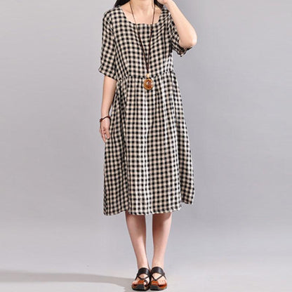 Elegant natural cotton dress oversize Round Neck Plaid Summer Short Sleeve Summer Dress