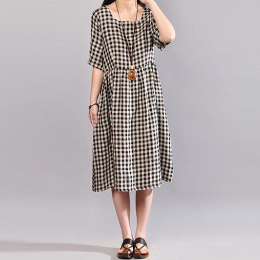 Elegant natural cotton dress oversize Round Neck Plaid Summer Short Sleeve Summer Dress