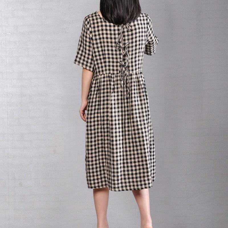 Elegant natural cotton dress oversize Round Neck Plaid Summer Short Sleeve Summer Dress