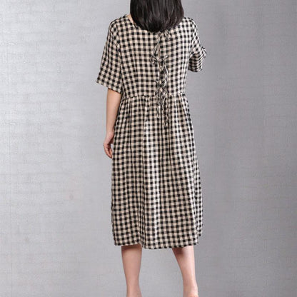 Elegant natural cotton dress oversize Round Neck Plaid Summer Short Sleeve Summer Dress