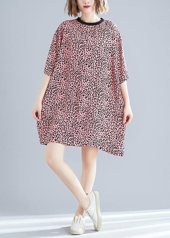 Elegant o neck Batwing Sleeve Cotton blended Korea Neckline pink Leopard daily Dress Summer - SooLinen